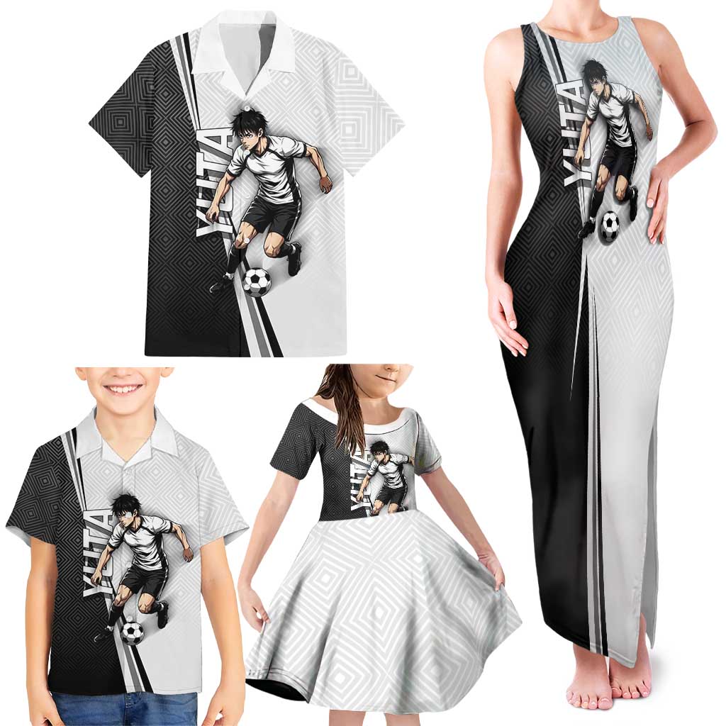 Personalized Okkotsu Yuta Jujutsu Kaisen Soccer Family Matching Tank Maxi Dress and Hawaiian Shirt with Dribbling Action Pose and Monochrome Geometric Graphic Design