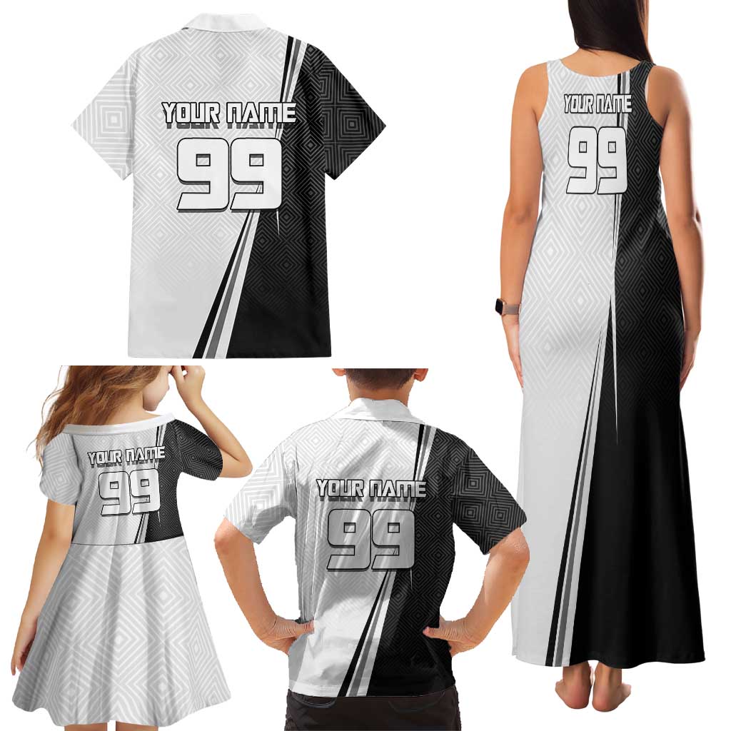 Personalized Okkotsu Yuta Jujutsu Kaisen Soccer Family Matching Tank Maxi Dress and Hawaiian Shirt with Dribbling Action Pose and Monochrome Geometric Graphic Design