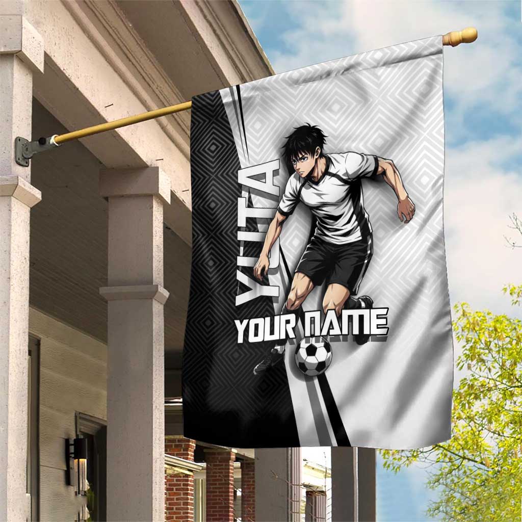 Personalized Okkotsu Yuta Jujutsu Kaisen Soccer Garden Flag with Dribbling Action Pose and Monochrome Geometric Graphic Design - The Mazicc
