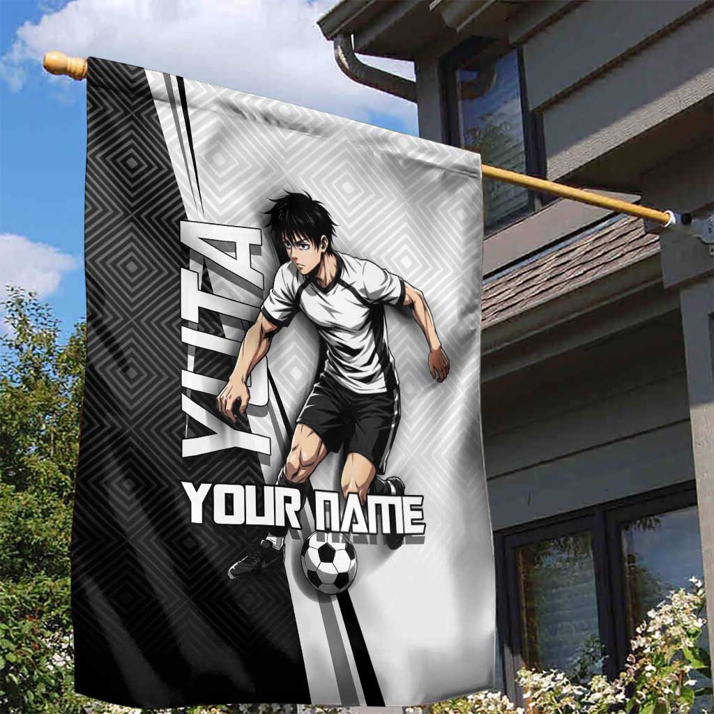 Personalized Okkotsu Yuta Jujutsu Kaisen Soccer Garden Flag with Dribbling Action Pose and Monochrome Geometric Graphic Design - The Mazicc
