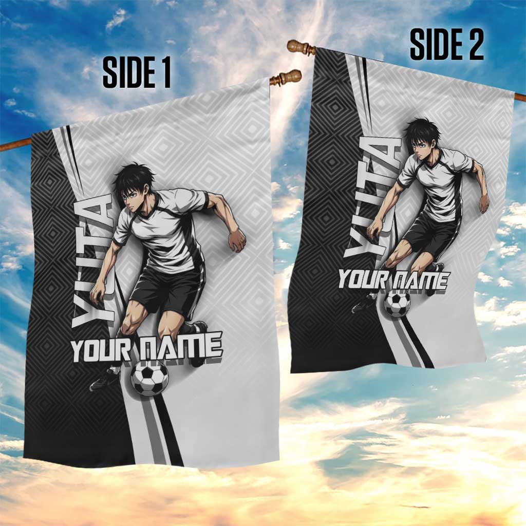 Personalized Okkotsu Yuta Jujutsu Kaisen Soccer Garden Flag with Dribbling Action Pose and Monochrome Geometric Graphic Design - The Mazicc