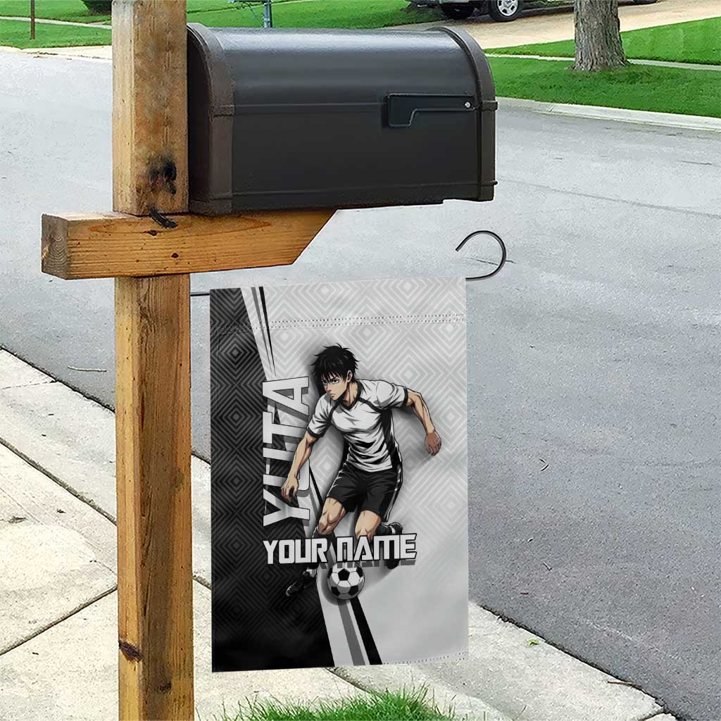 Personalized Okkotsu Yuta Jujutsu Kaisen Soccer Garden Flag with Dribbling Action Pose and Monochrome Geometric Graphic Design - The Mazicc
