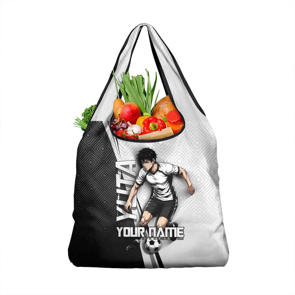 Personalized Okkotsu Yuta Jujutsu Kaisen Soccer Grocery Bag with Dribbling Action Pose and Monochrome Geometric Graphic Design - The Mazicc