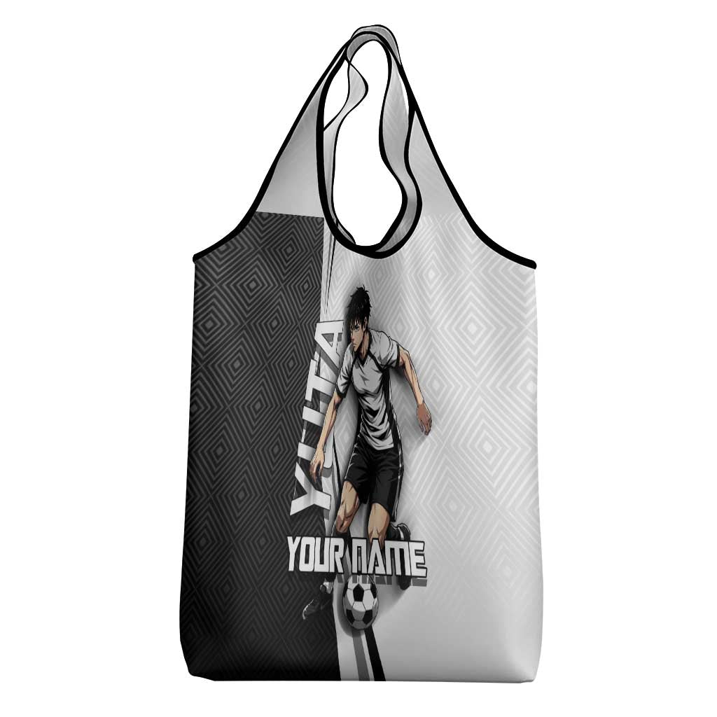 Personalized Okkotsu Yuta Jujutsu Kaisen Soccer Grocery Bag with Dribbling Action Pose and Monochrome Geometric Graphic Design - The Mazicc