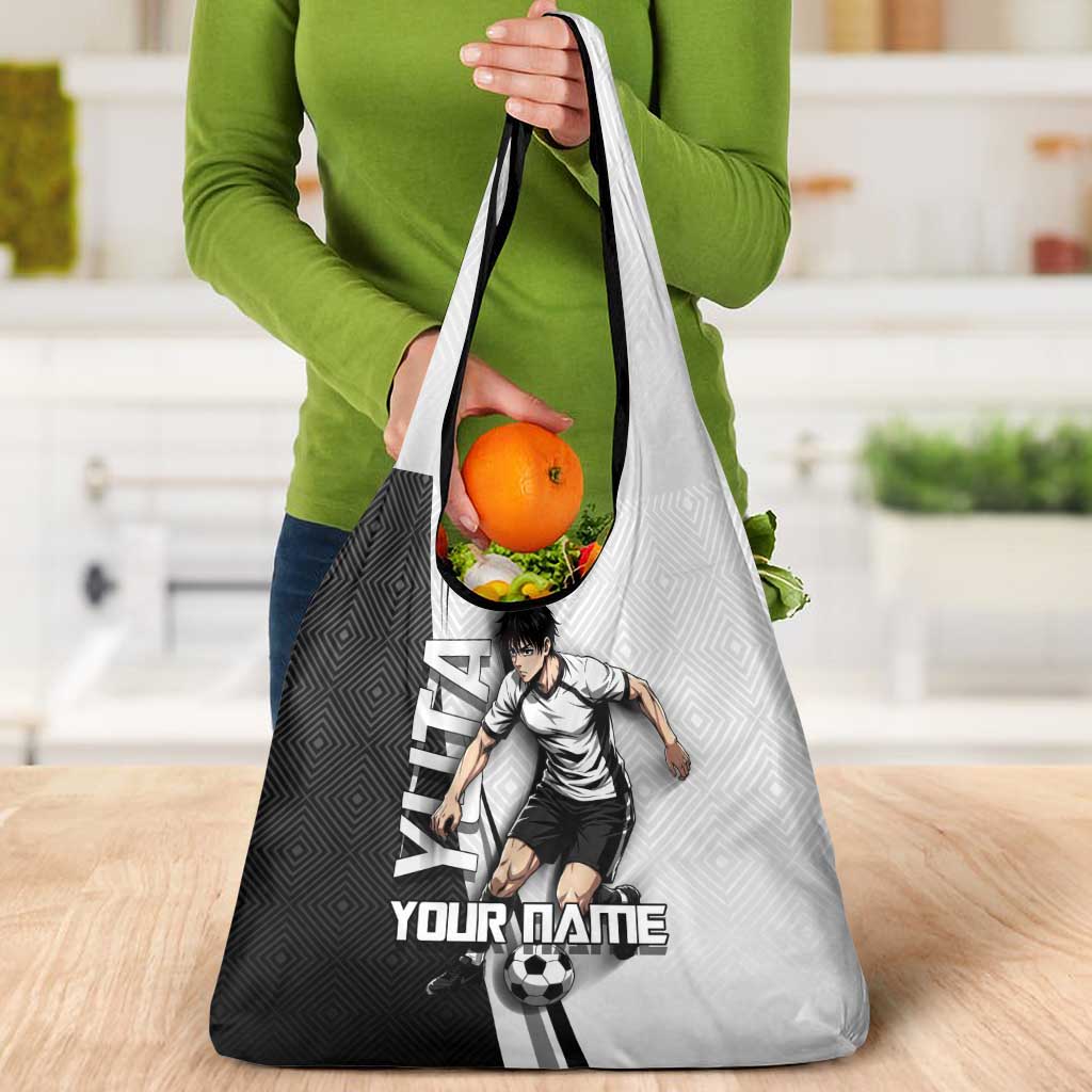 Personalized Okkotsu Yuta Jujutsu Kaisen Soccer Grocery Bag with Dribbling Action Pose and Monochrome Geometric Graphic Design - The Mazicc