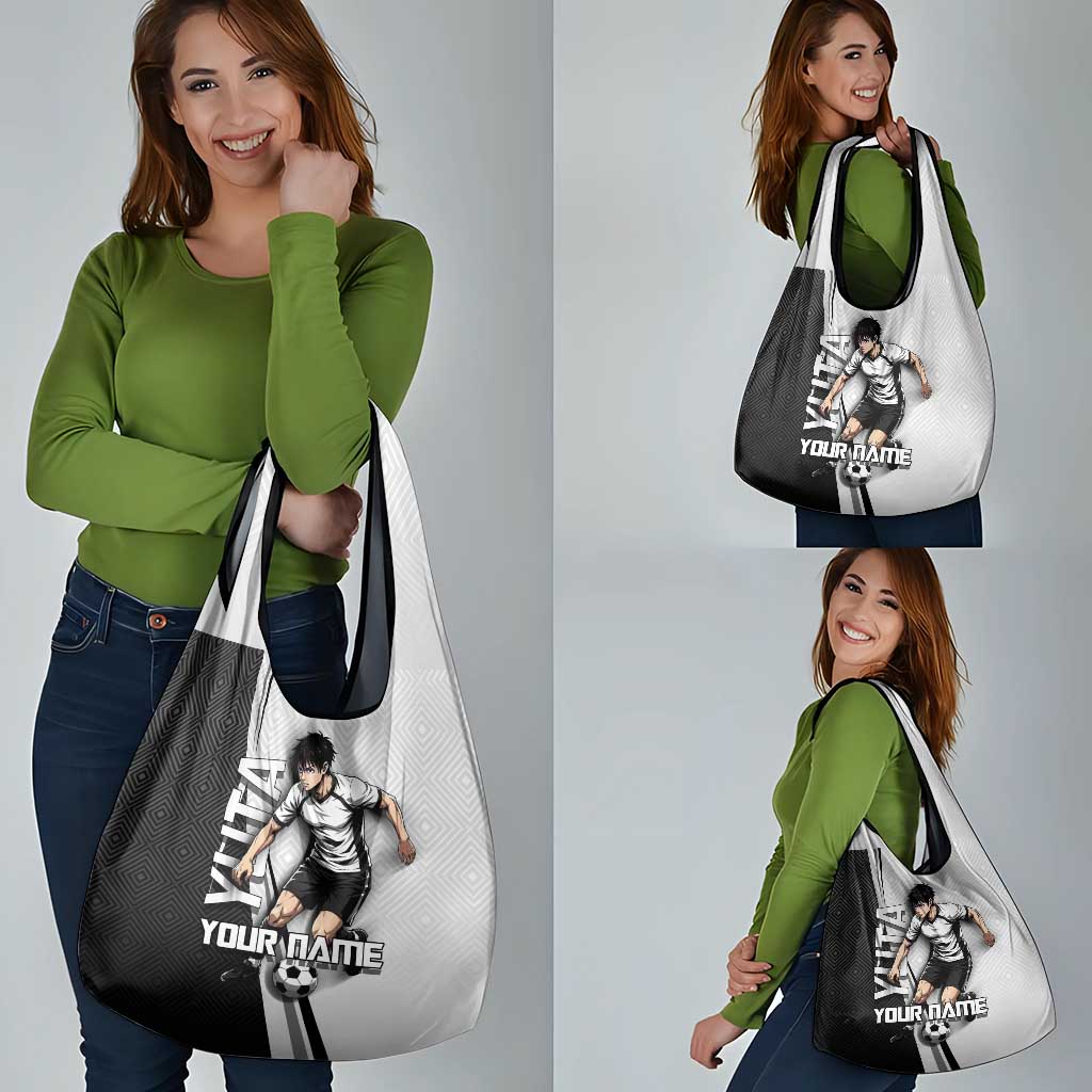 Personalized Okkotsu Yuta Jujutsu Kaisen Soccer Grocery Bag with Dribbling Action Pose and Monochrome Geometric Graphic Design - The Mazicc