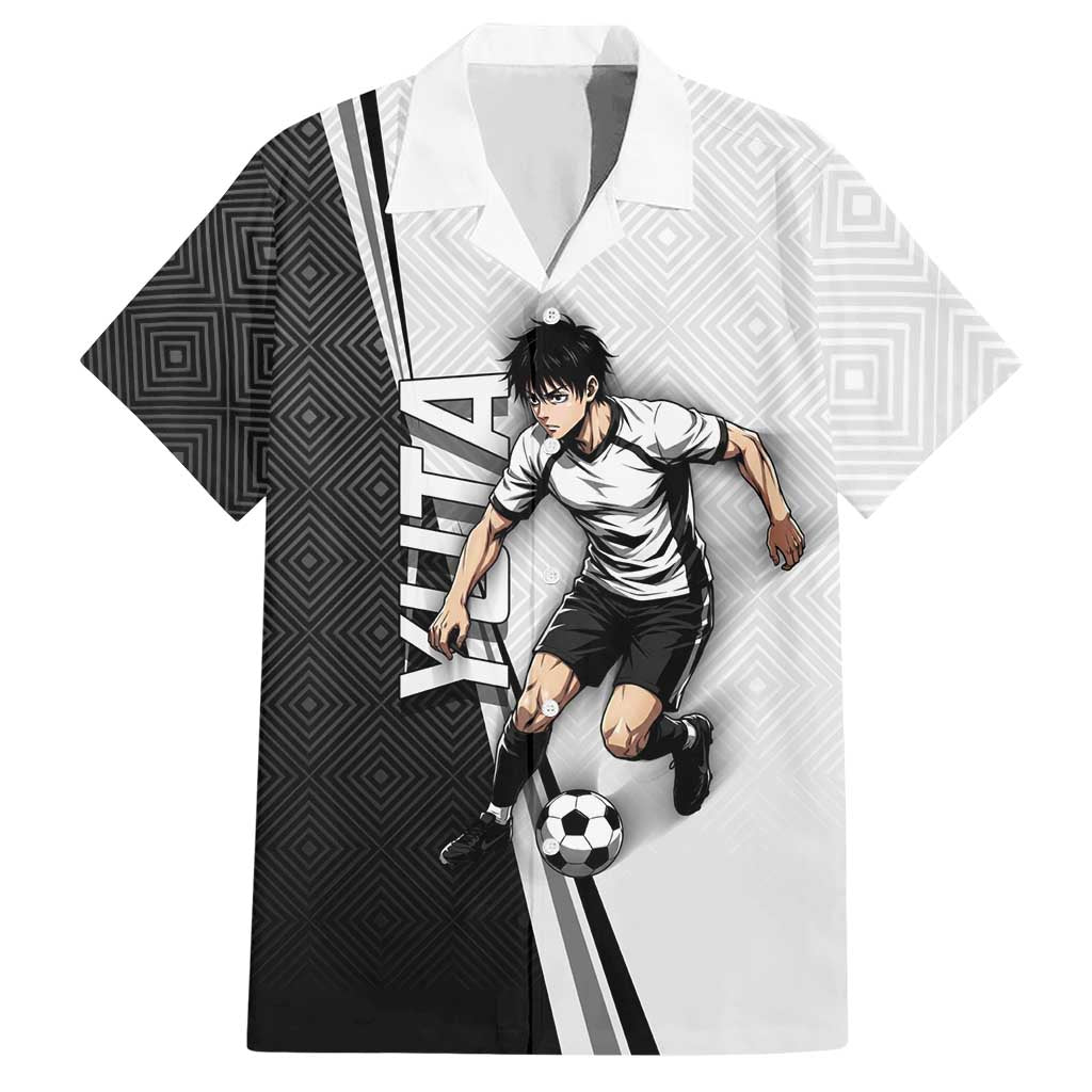 Personalized Okkotsu Yuta Jujutsu Kaisen Soccer Hawaiian Shirt with Dribbling Action Pose and Monochrome Geometric Graphic Design - The Mazicc