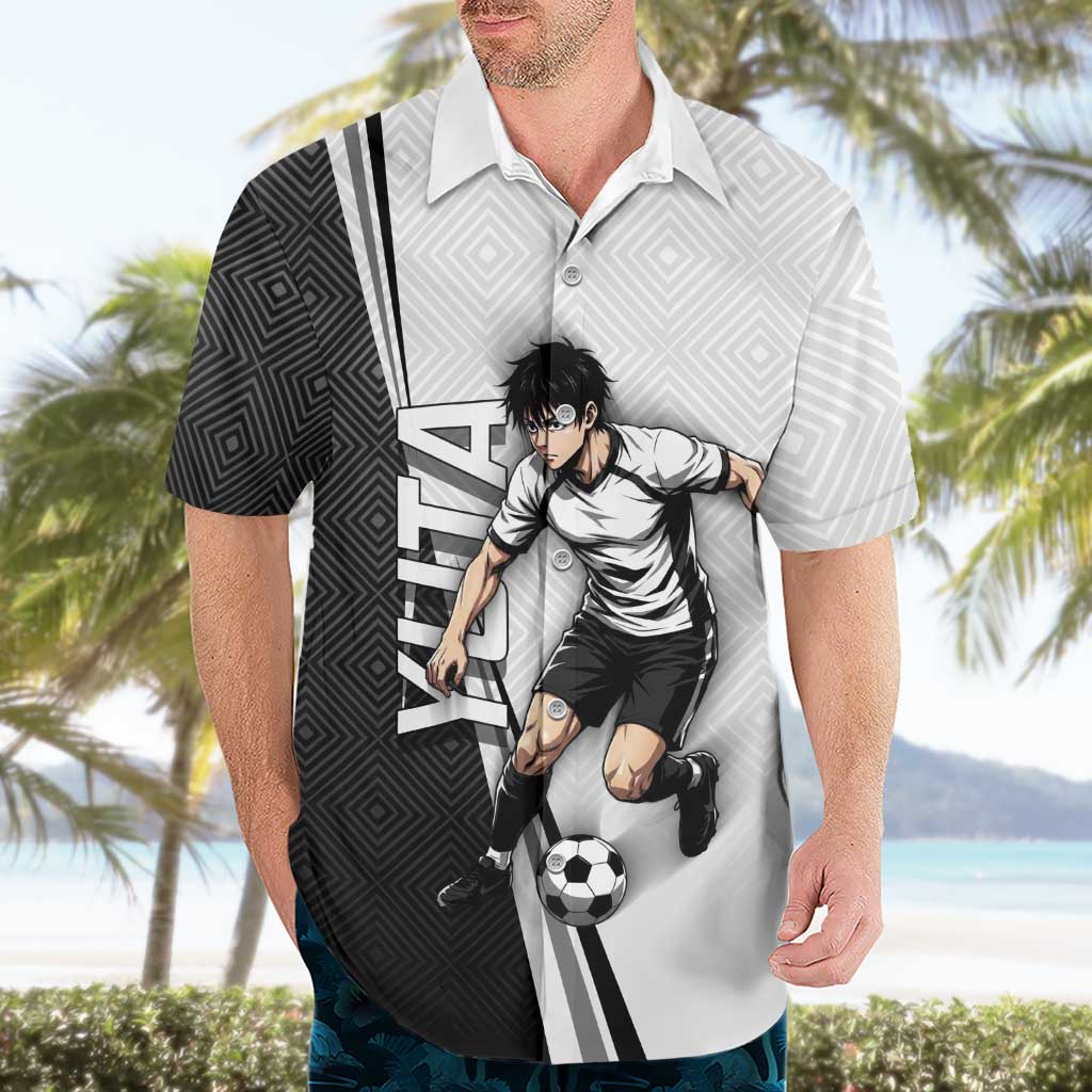Personalized Okkotsu Yuta Jujutsu Kaisen Soccer Hawaiian Shirt with Dribbling Action Pose and Monochrome Geometric Graphic Design - The Mazicc
