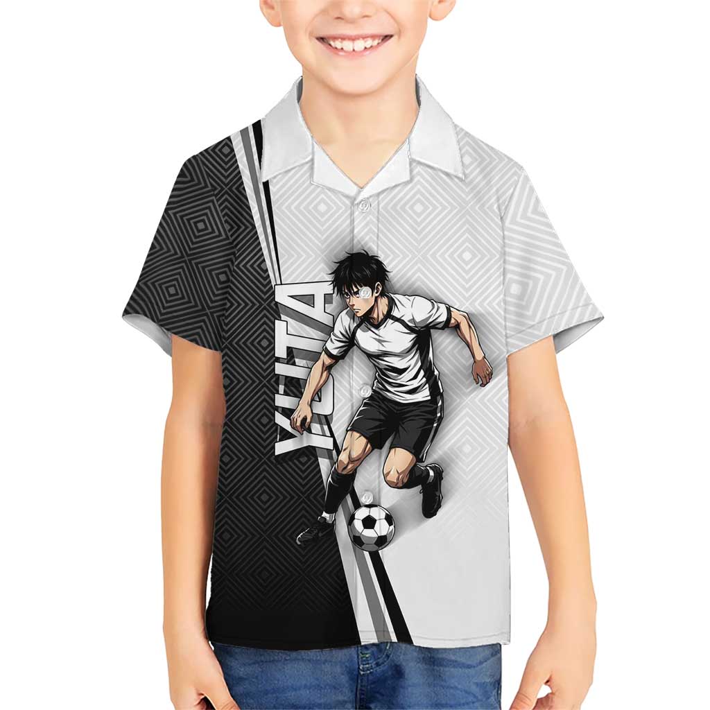 Personalized Okkotsu Yuta Jujutsu Kaisen Soccer Hawaiian Shirt with Dribbling Action Pose and Monochrome Geometric Graphic Design - The Mazicc