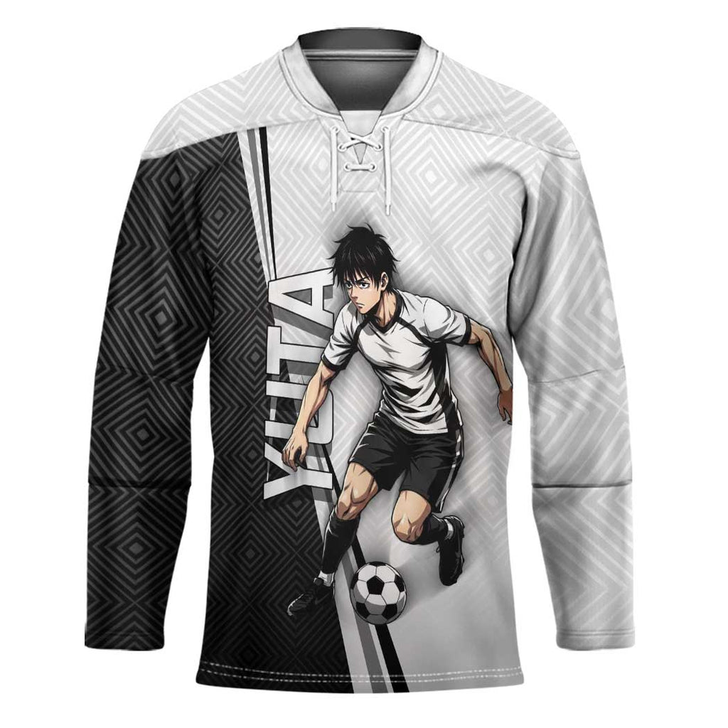 Personalized Okkotsu Yuta Jujutsu Kaisen Soccer Hockey Jersey with Dribbling Action Pose and Monochrome Geometric Graphic Design - The Mazicc