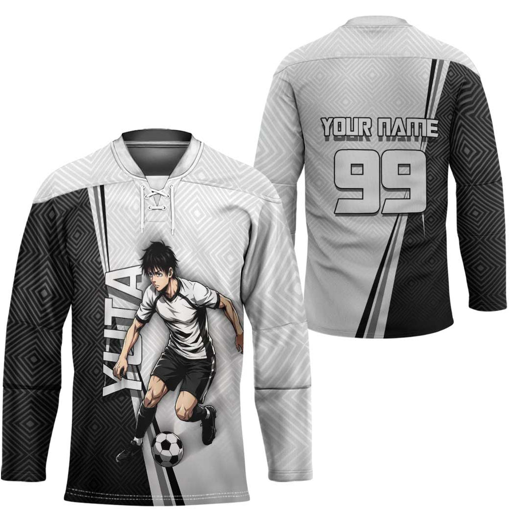 Personalized Okkotsu Yuta Jujutsu Kaisen Soccer Hockey Jersey with Dribbling Action Pose and Monochrome Geometric Graphic Design - The Mazicc