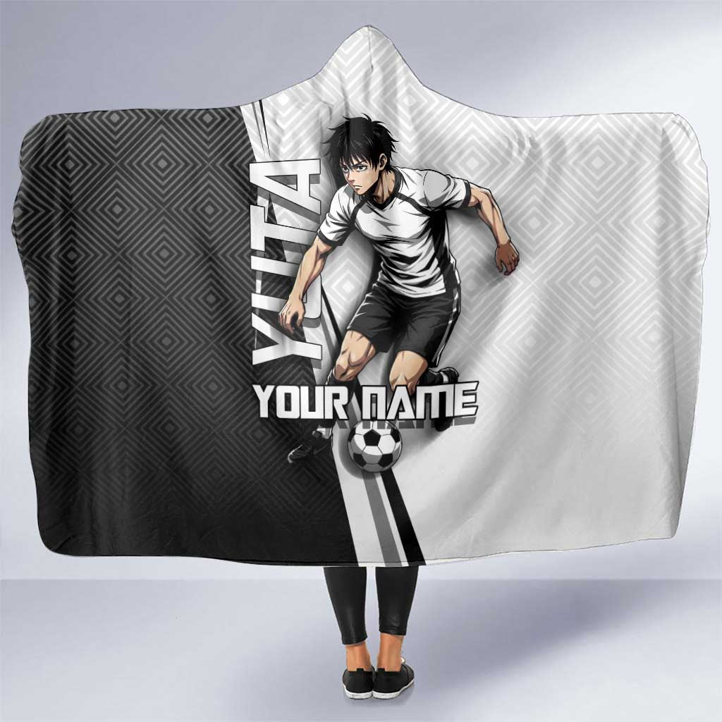 Personalized Okkotsu Yuta Jujutsu Kaisen Soccer Hooded Blanket with Dribbling Action Pose and Monochrome Geometric Graphic Design - The Mazicc