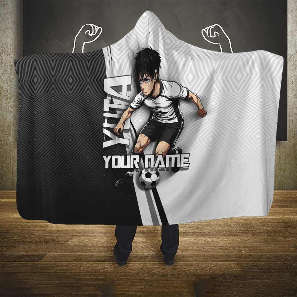 Personalized Okkotsu Yuta Jujutsu Kaisen Soccer Hooded Blanket with Dribbling Action Pose and Monochrome Geometric Graphic Design - The Mazicc