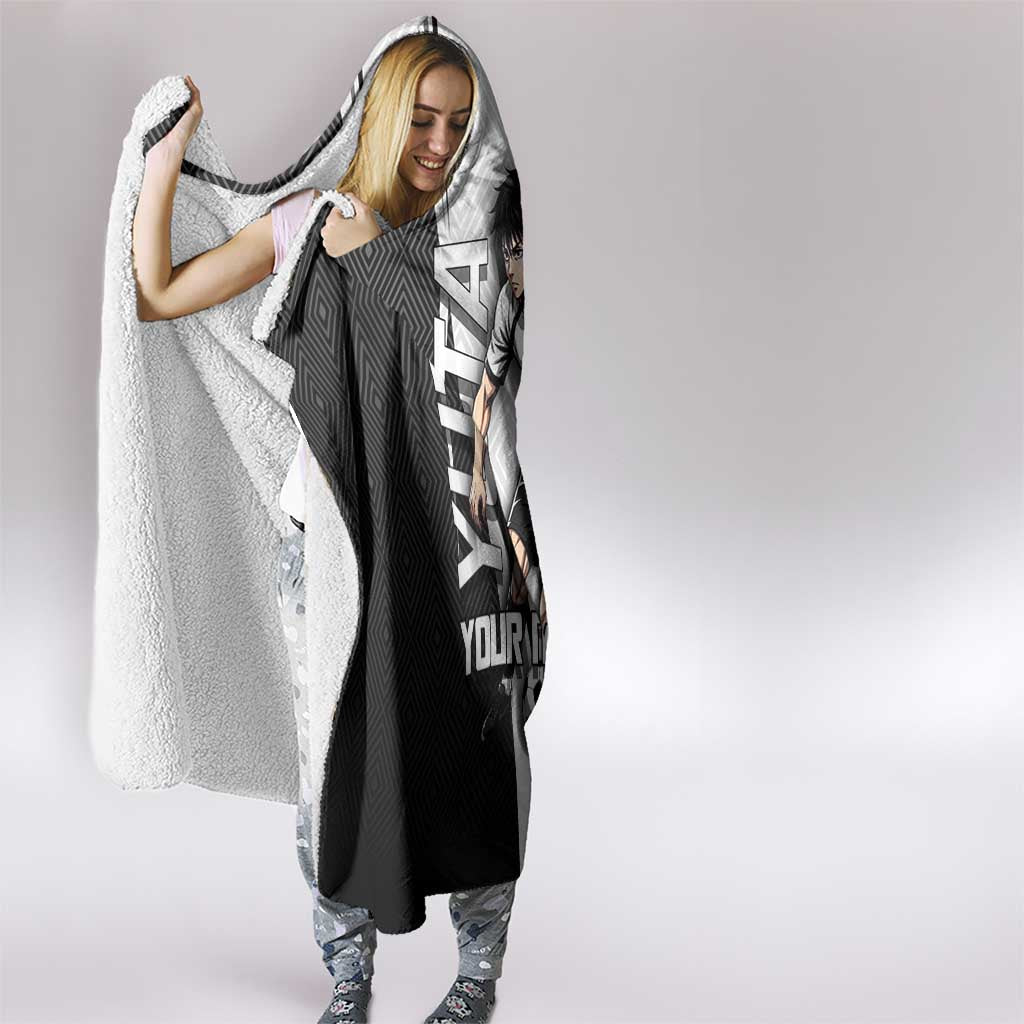 Personalized Okkotsu Yuta Jujutsu Kaisen Soccer Hooded Blanket with Dribbling Action Pose and Monochrome Geometric Graphic Design - The Mazicc