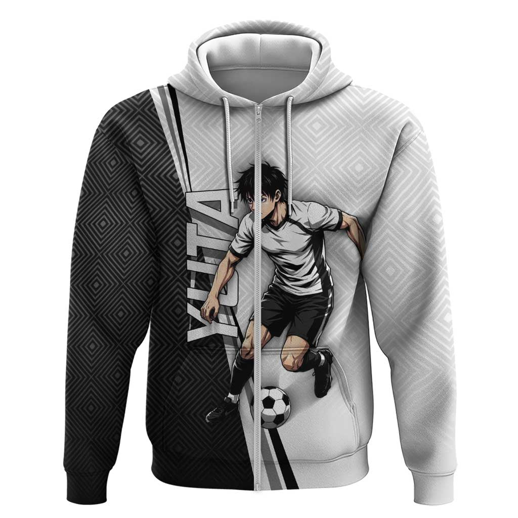 Personalized Okkotsu Yuta Jujutsu Kaisen Soccer Hoodie with Dribbling Action Pose and Monochrome Geometric Graphic Design - The Mazicc