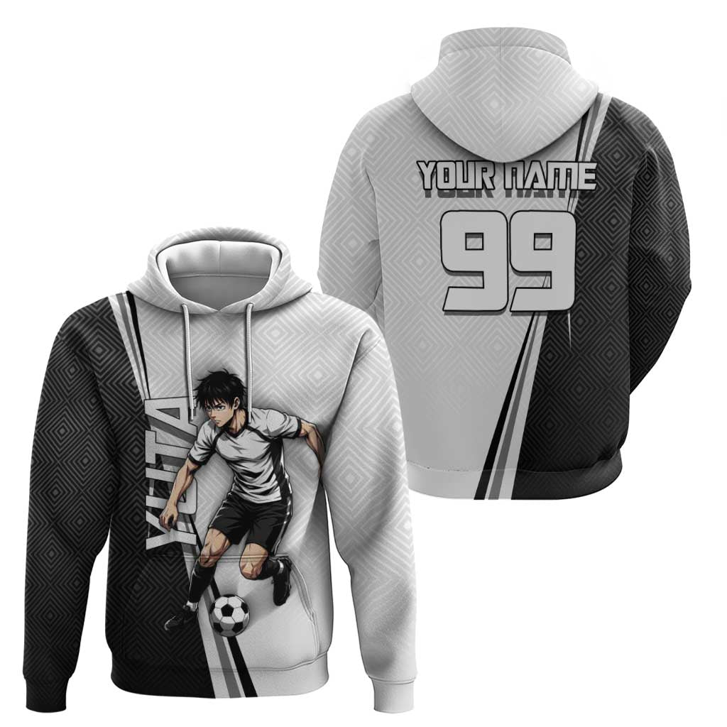 Personalized Okkotsu Yuta Jujutsu Kaisen Soccer Hoodie with Dribbling Action Pose and Monochrome Geometric Graphic Design - The Mazicc