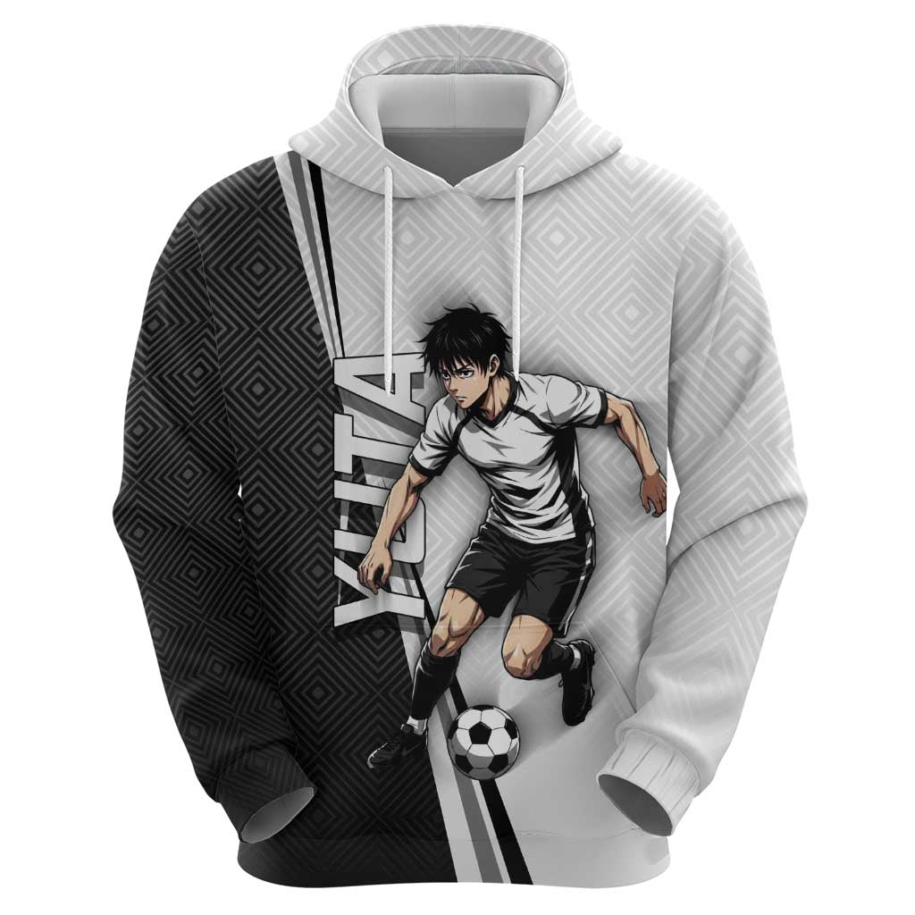 Personalized Okkotsu Yuta Jujutsu Kaisen Soccer Hoodie with Dribbling Action Pose and Monochrome Geometric Graphic Design - The Mazicc