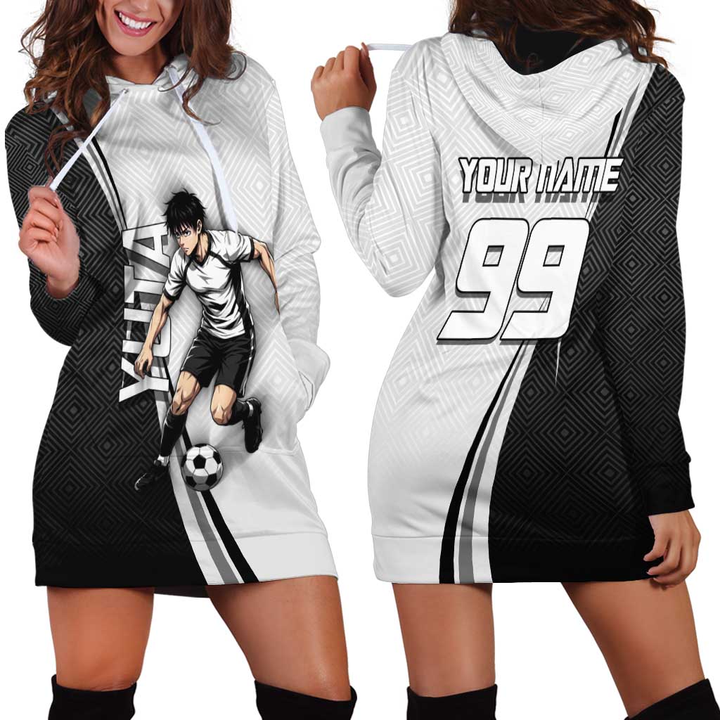 Personalized Okkotsu Yuta Jujutsu Kaisen Soccer Hoodie Dress with Dribbling Action Pose and Monochrome Geometric Graphic Design - The Mazicc