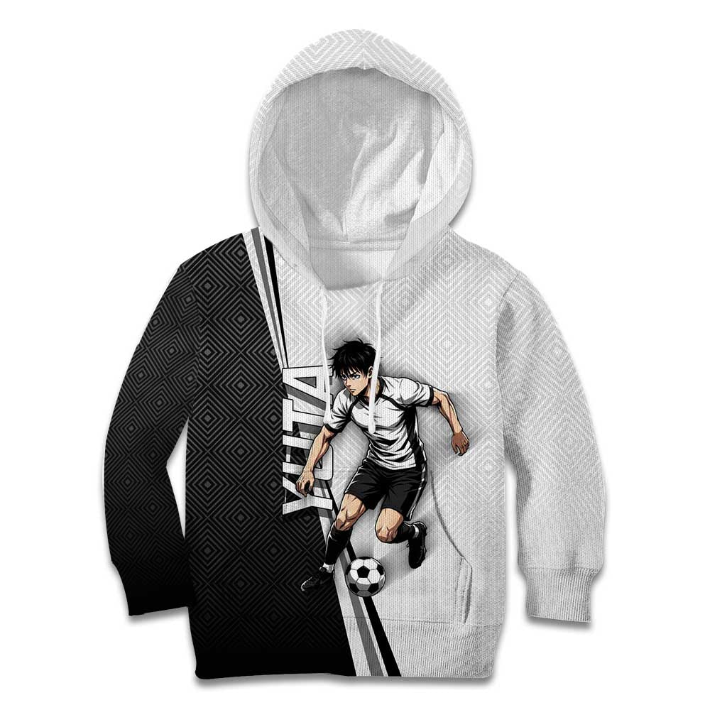 Personalized Okkotsu Yuta Jujutsu Kaisen Soccer Kid Hoodie with Dribbling Action Pose and Monochrome Geometric Graphic Design - The Mazicc
