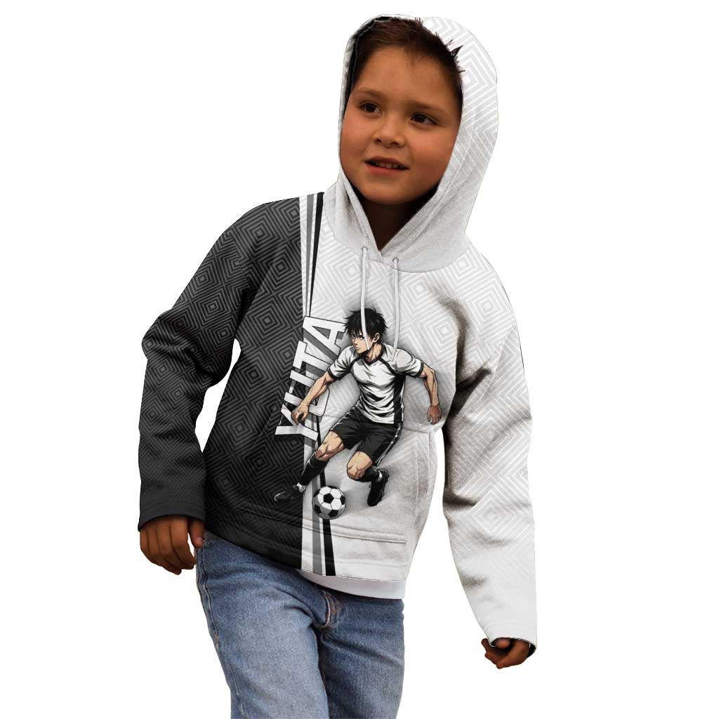 Personalized Okkotsu Yuta Jujutsu Kaisen Soccer Kid Hoodie with Dribbling Action Pose and Monochrome Geometric Graphic Design - The Mazicc