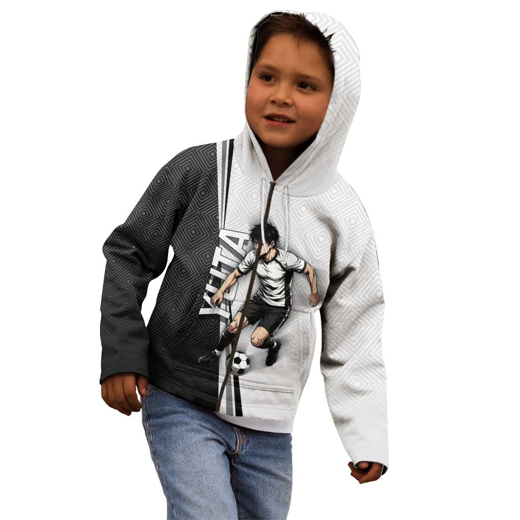 Personalized Okkotsu Yuta Jujutsu Kaisen Soccer Kid Hoodie with Dribbling Action Pose and Monochrome Geometric Graphic Design - The Mazicc