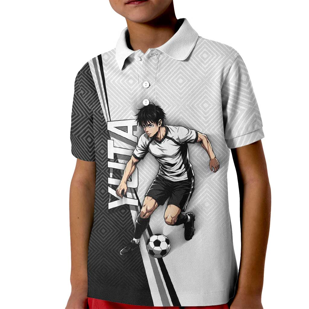 Personalized Okkotsu Yuta Jujutsu Kaisen Soccer Kid Polo Shirt with Dribbling Action Pose and Monochrome Geometric Graphic Design - The Mazicc