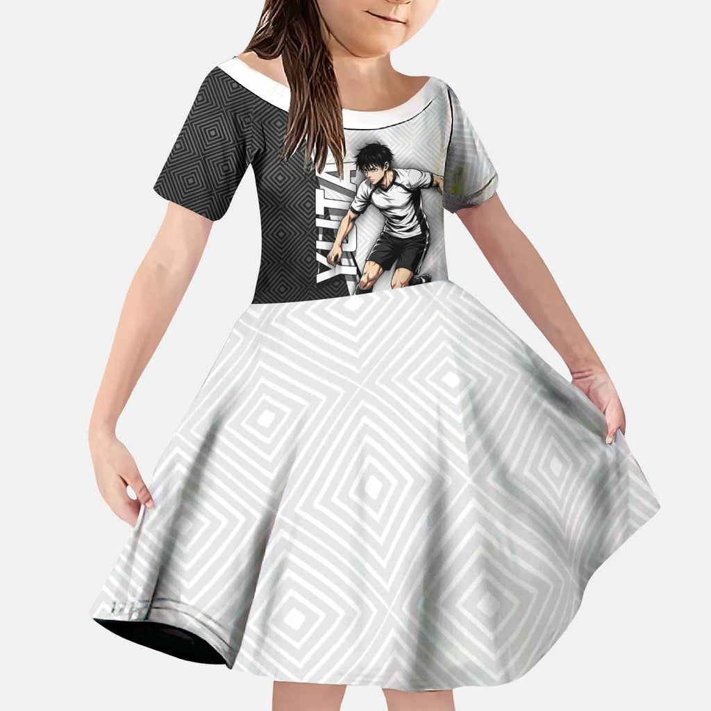 Personalized Okkotsu Yuta Jujutsu Kaisen Soccer Kid Short Sleeve Dress with Dribbling Action Pose and Monochrome Geometric Graphic Design - The Mazicc