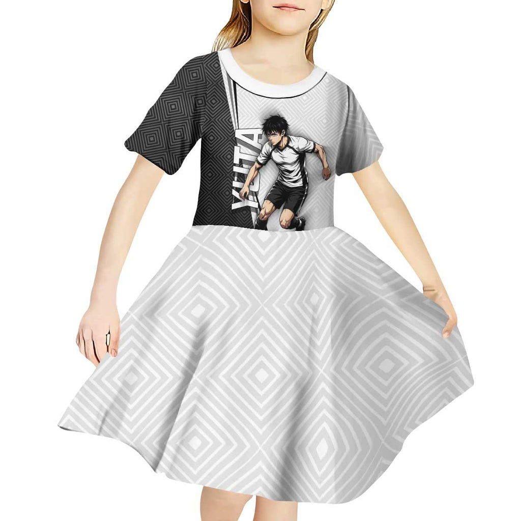 Personalized Okkotsu Yuta Jujutsu Kaisen Soccer Kid Short Sleeve Dress with Dribbling Action Pose and Monochrome Geometric Graphic Design - The Mazicc