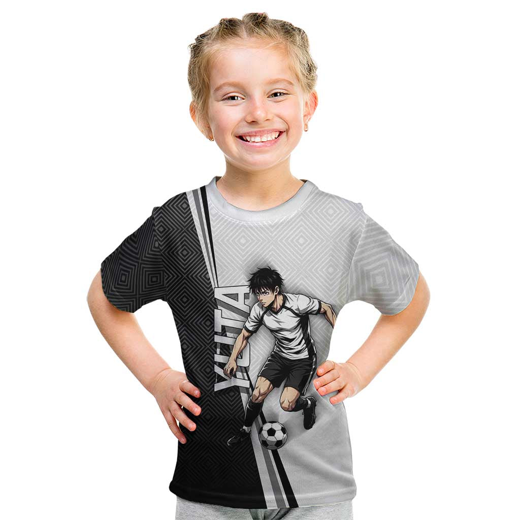 Personalized Okkotsu Yuta Jujutsu Kaisen Soccer Kid T Shirt with Dribbling Action Pose and Monochrome Geometric Graphic Design - The Mazicc