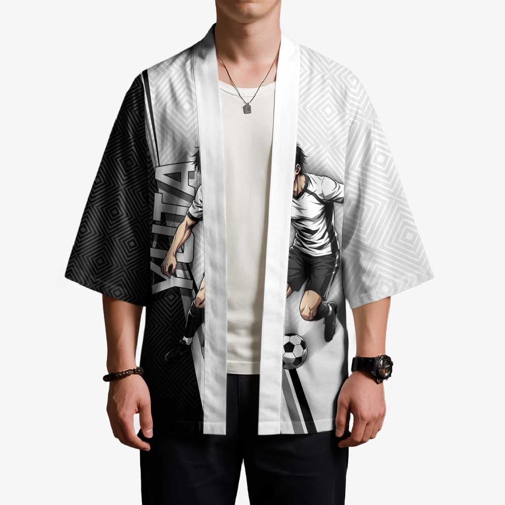 Personalized Okkotsu Yuta Jujutsu Kaisen Soccer Kimono with Dribbling Action Pose and Monochrome Geometric Graphic Design - The Mazicc