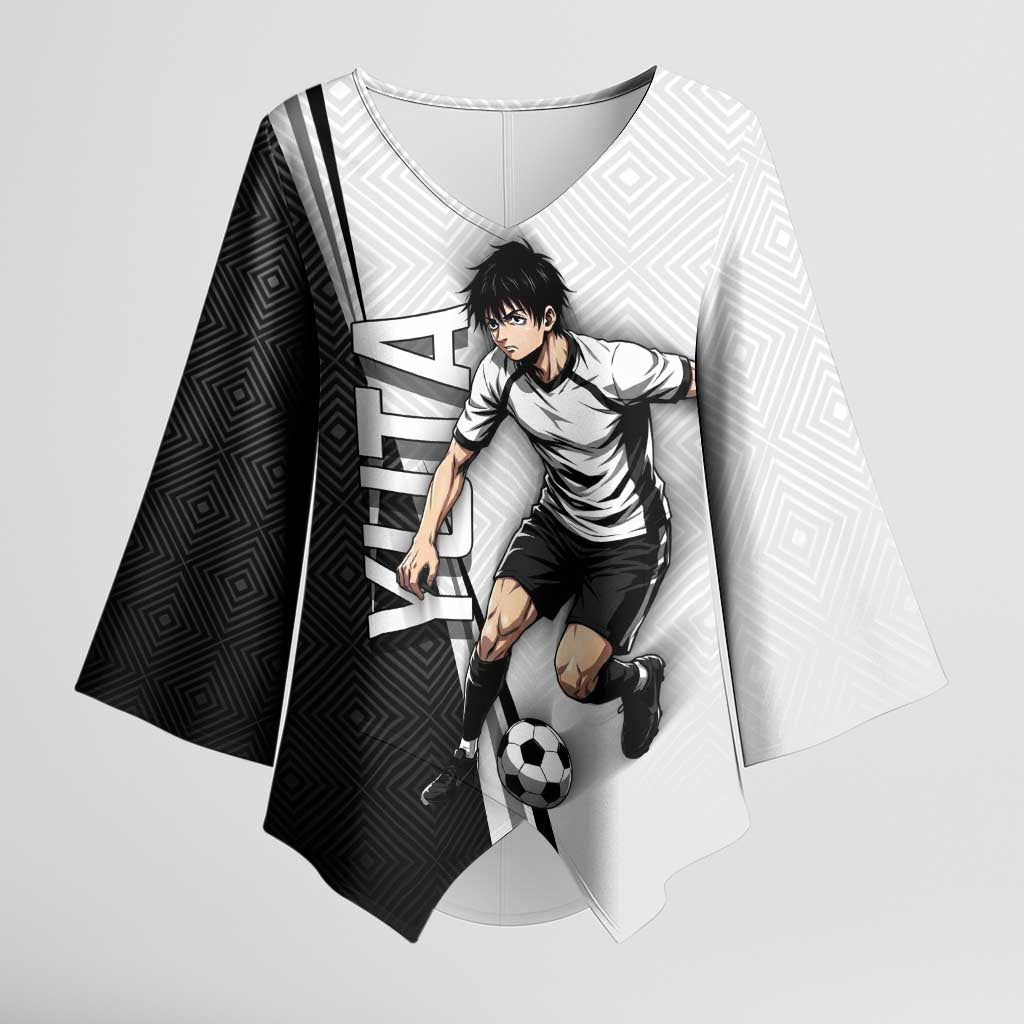 Personalized Okkotsu Yuta Jujutsu Kaisen Soccer Kimono Sleeve Blouse with Dribbling Action Pose and Monochrome Geometric Graphic Design - The Mazicc
