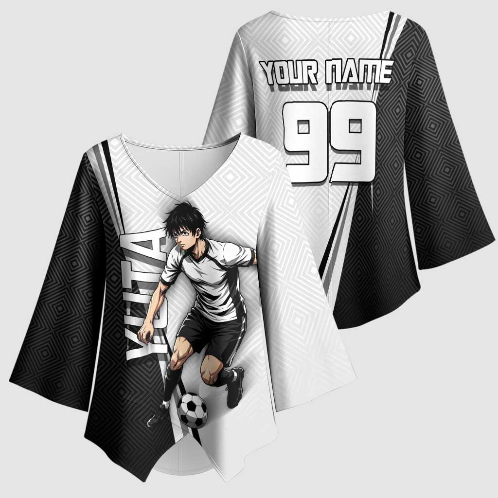Personalized Okkotsu Yuta Jujutsu Kaisen Soccer Kimono Sleeve Blouse with Dribbling Action Pose and Monochrome Geometric Graphic Design - The Mazicc
