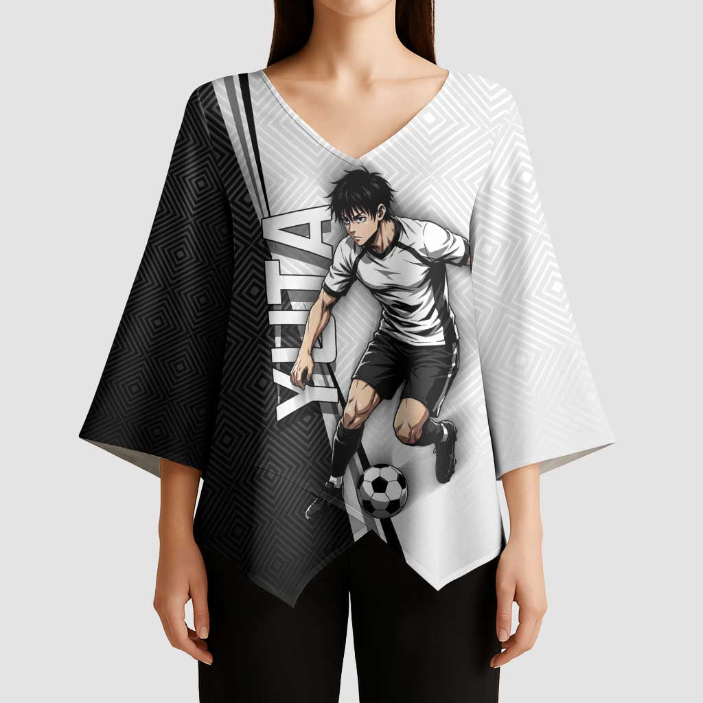 Personalized Okkotsu Yuta Jujutsu Kaisen Soccer Kimono Sleeve Blouse with Dribbling Action Pose and Monochrome Geometric Graphic Design - The Mazicc