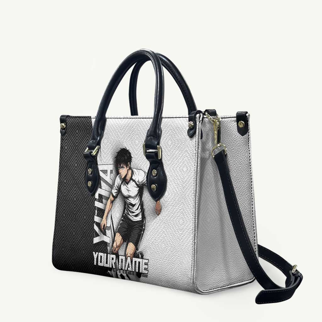 Personalized Okkotsu Yuta Jujutsu Kaisen Soccer Leather Bag with Dribbling Action Pose and Monochrome Geometric Graphic Design - The Mazicc