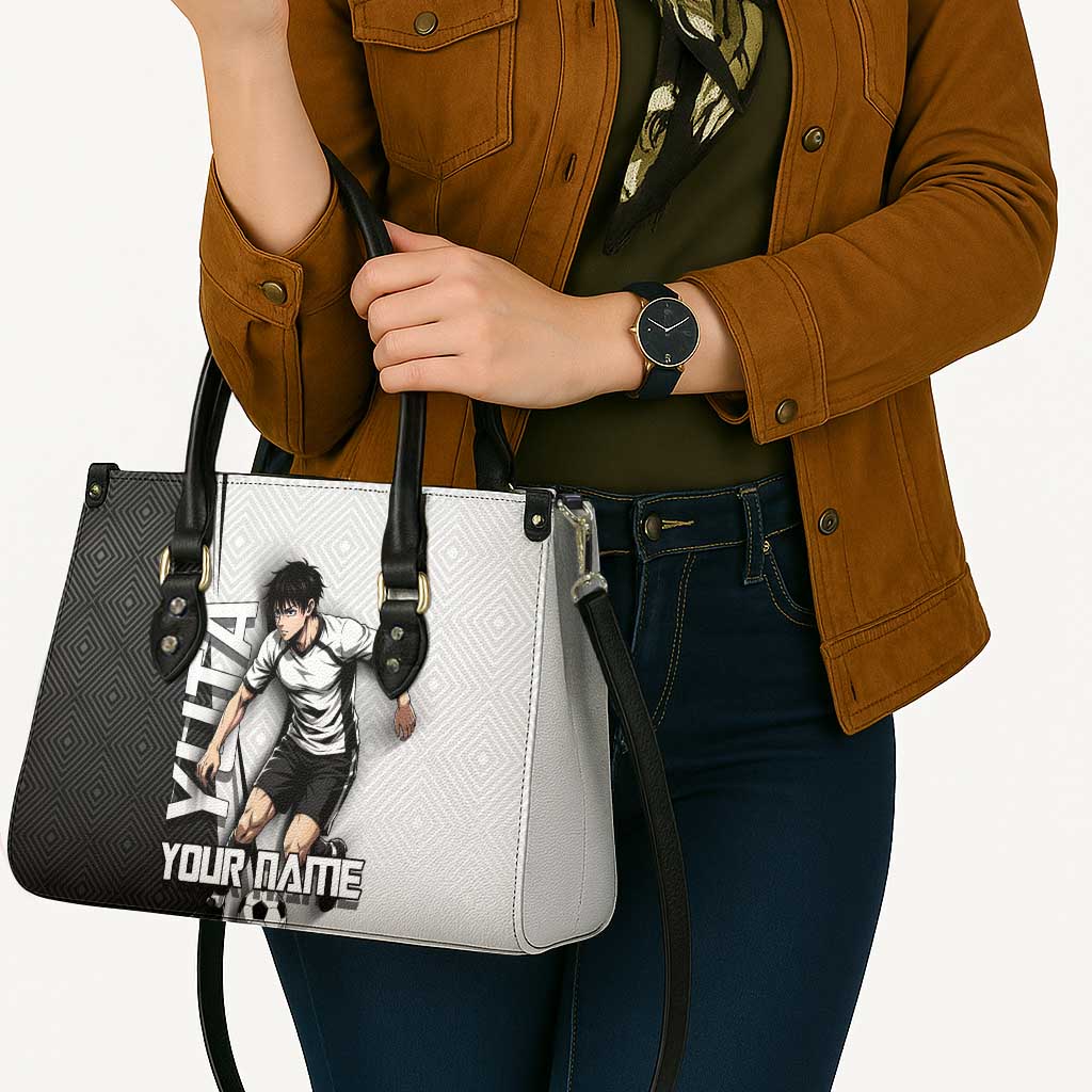 Personalized Okkotsu Yuta Jujutsu Kaisen Soccer Leather Bag with Dribbling Action Pose and Monochrome Geometric Graphic Design - The Mazicc