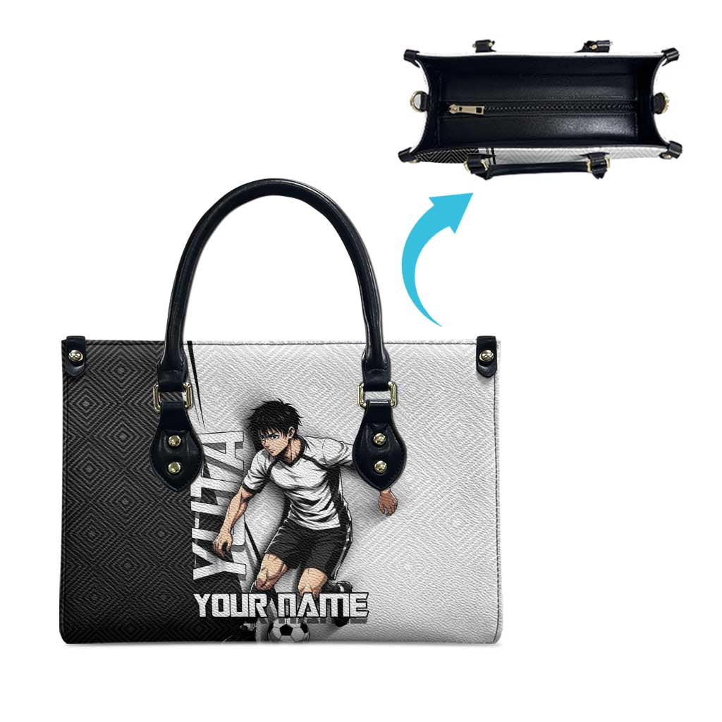 Personalized Okkotsu Yuta Jujutsu Kaisen Soccer Leather Bag with Dribbling Action Pose and Monochrome Geometric Graphic Design - The Mazicc