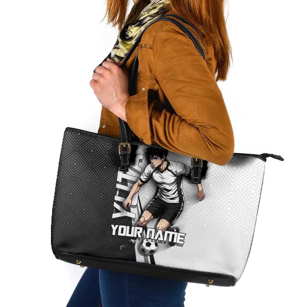 Personalized Okkotsu Yuta Jujutsu Kaisen Soccer Leather Tote Bag with Dribbling Action Pose and Monochrome Geometric Graphic Design - The Mazicc