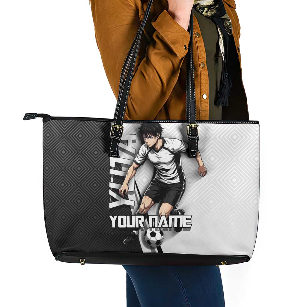 Personalized Okkotsu Yuta Jujutsu Kaisen Soccer Leather Tote Bag with Dribbling Action Pose and Monochrome Geometric Graphic Design - The Mazicc