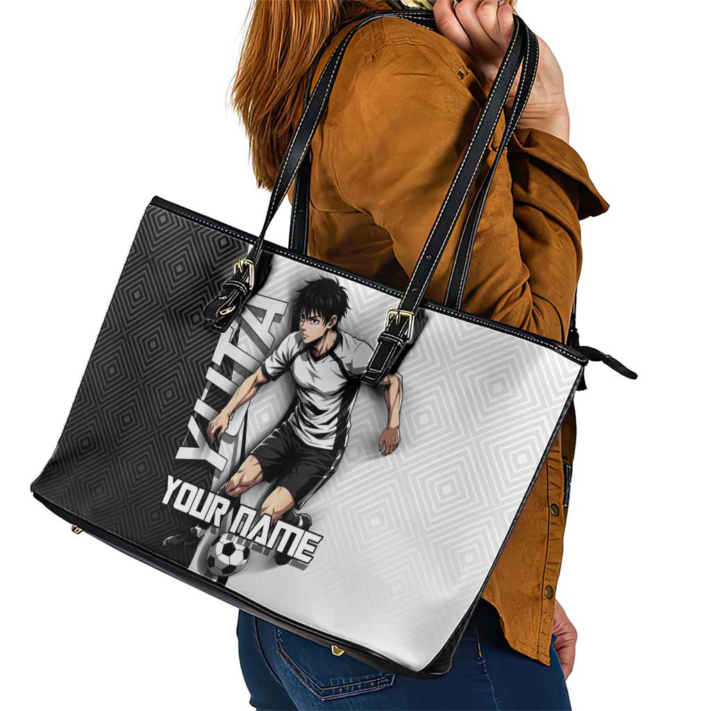 Personalized Okkotsu Yuta Jujutsu Kaisen Soccer Leather Tote Bag with Dribbling Action Pose and Monochrome Geometric Graphic Design - The Mazicc
