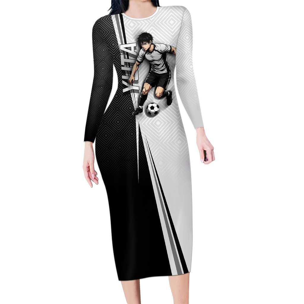 Personalized Okkotsu Yuta Jujutsu Kaisen Soccer Long Sleeve Bodycon Dress with Dribbling Action Pose and Monochrome Geometric Graphic Design - The Mazicc