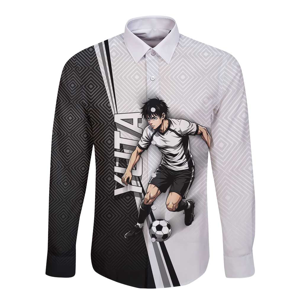Personalized Okkotsu Yuta Jujutsu Kaisen Soccer Long Sleeve Button Shirt with Dribbling Action Pose and Monochrome Geometric Graphic Design - The Mazicc