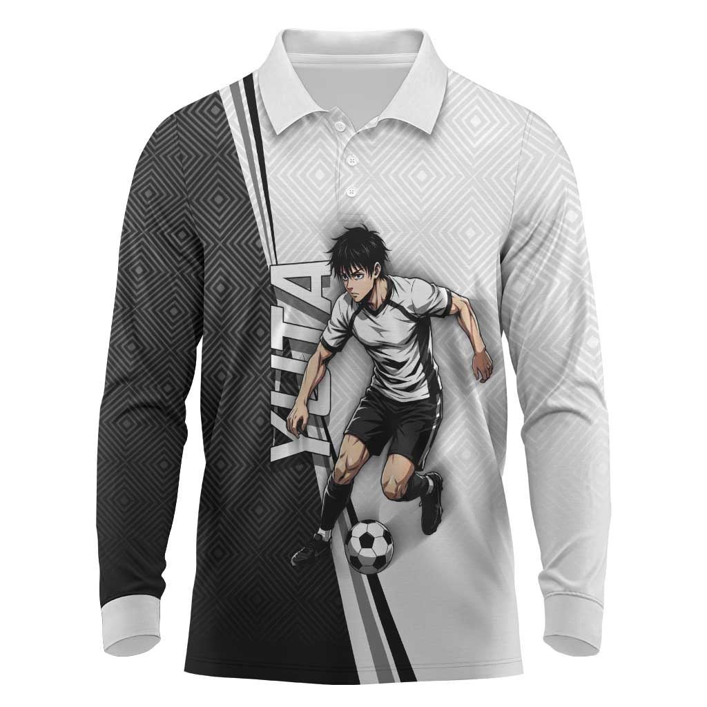 Personalized Okkotsu Yuta Jujutsu Kaisen Soccer Long Sleeve Polo Shirt with Dribbling Action Pose and Monochrome Geometric Graphic Design - The Mazicc