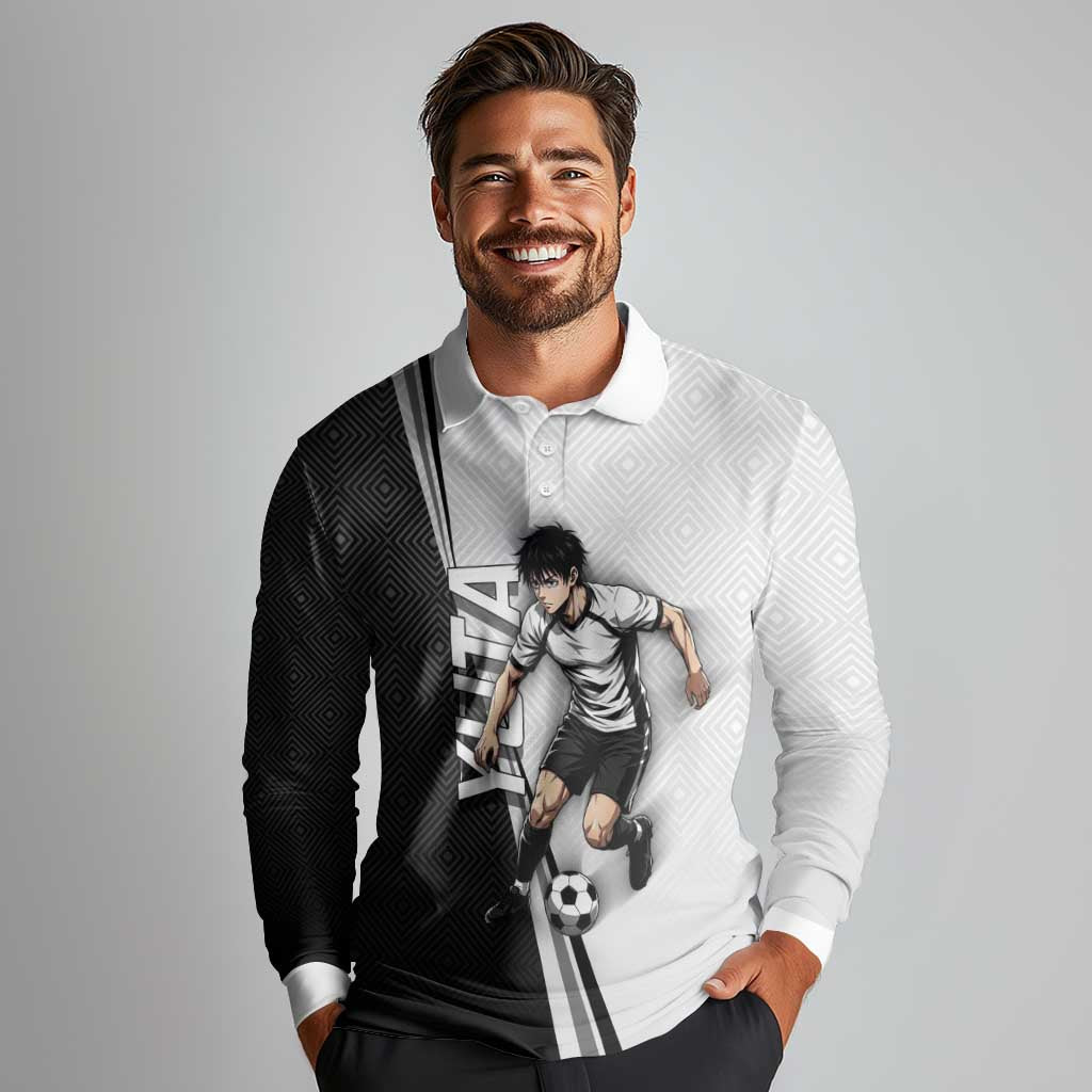 Personalized Okkotsu Yuta Jujutsu Kaisen Soccer Long Sleeve Polo Shirt with Dribbling Action Pose and Monochrome Geometric Graphic Design - The Mazicc