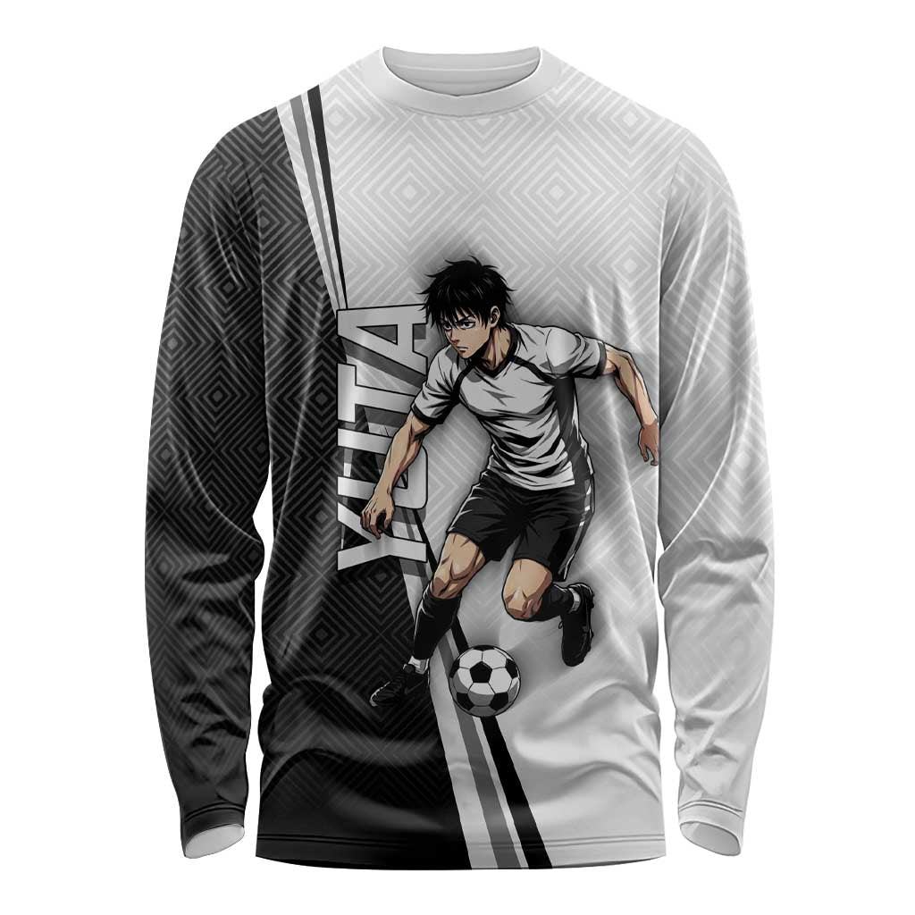 Personalized Okkotsu Yuta Jujutsu Kaisen Soccer Long Sleeve Shirt with Dribbling Action Pose and Monochrome Geometric Graphic Design - The Mazicc