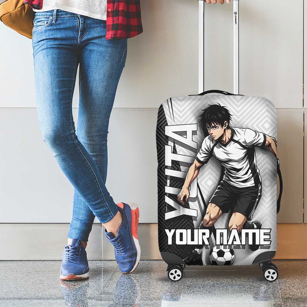 Personalized Okkotsu Yuta Jujutsu Kaisen Soccer Luggage Cover with Dribbling Action Pose and Monochrome Geometric Graphic Design - The Mazicc
