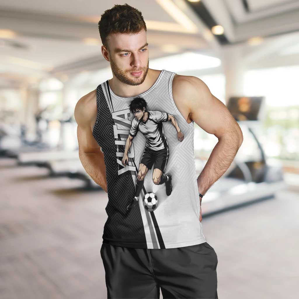 Personalized Okkotsu Yuta Jujutsu Kaisen Soccer Men Tank Top with Dribbling Action Pose and Monochrome Geometric Graphic Design - The Mazicc