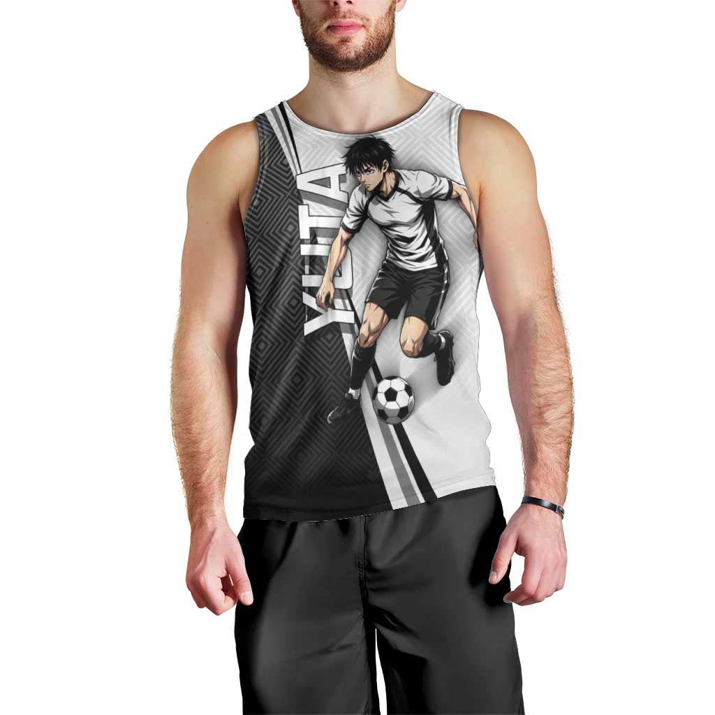 Personalized Okkotsu Yuta Jujutsu Kaisen Soccer Men Tank Top with Dribbling Action Pose and Monochrome Geometric Graphic Design - The Mazicc