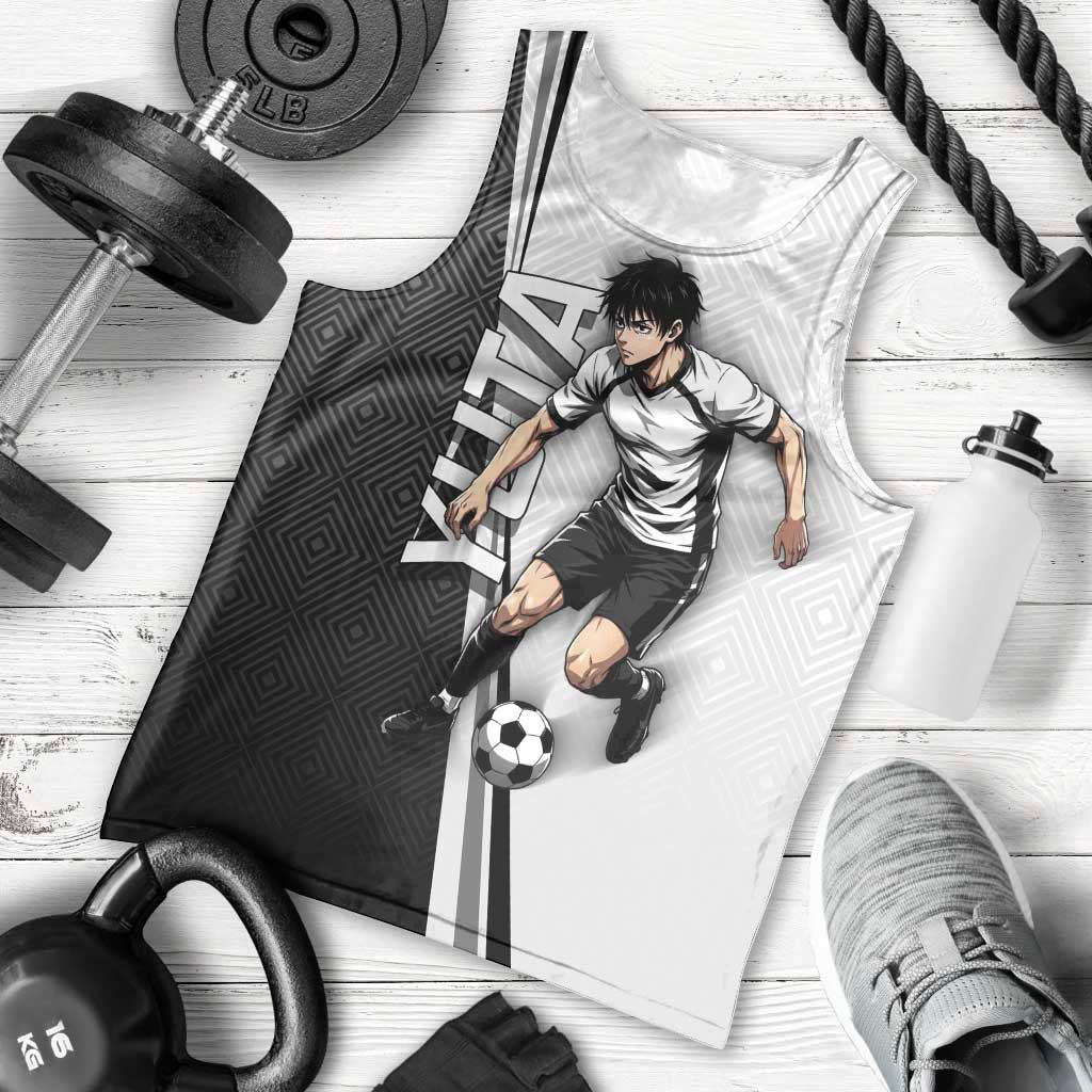 Personalized Okkotsu Yuta Jujutsu Kaisen Soccer Men Tank Top with Dribbling Action Pose and Monochrome Geometric Graphic Design - The Mazicc