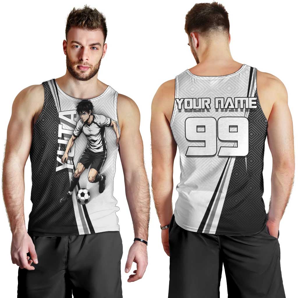 Personalized Okkotsu Yuta Jujutsu Kaisen Soccer Men Tank Top with Dribbling Action Pose and Monochrome Geometric Graphic Design - The Mazicc