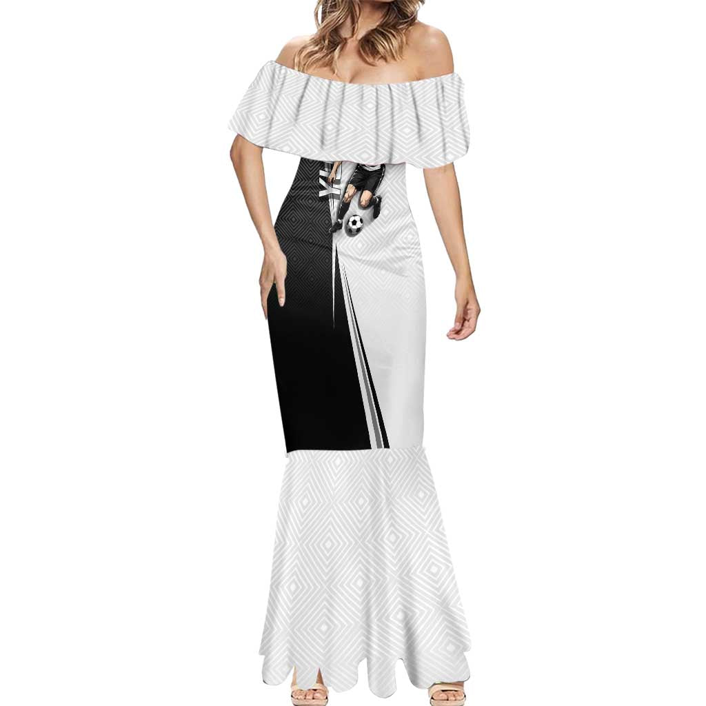 Personalized Okkotsu Yuta Jujutsu Kaisen Soccer Mermaid Dress with Dribbling Action Pose and Monochrome Geometric Graphic Design - The Mazicc